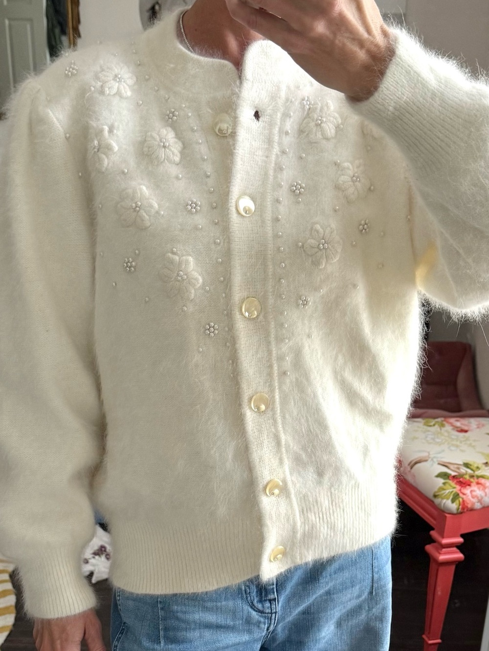 Vintage Ivory Angora Blend Cardigan Pearl Floral Embellished Sweater - Picture 2 of 10